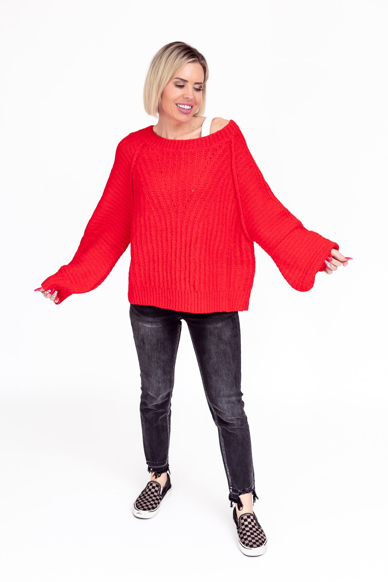 Lover Red Knit Textured Fuzzy Sweater -T113