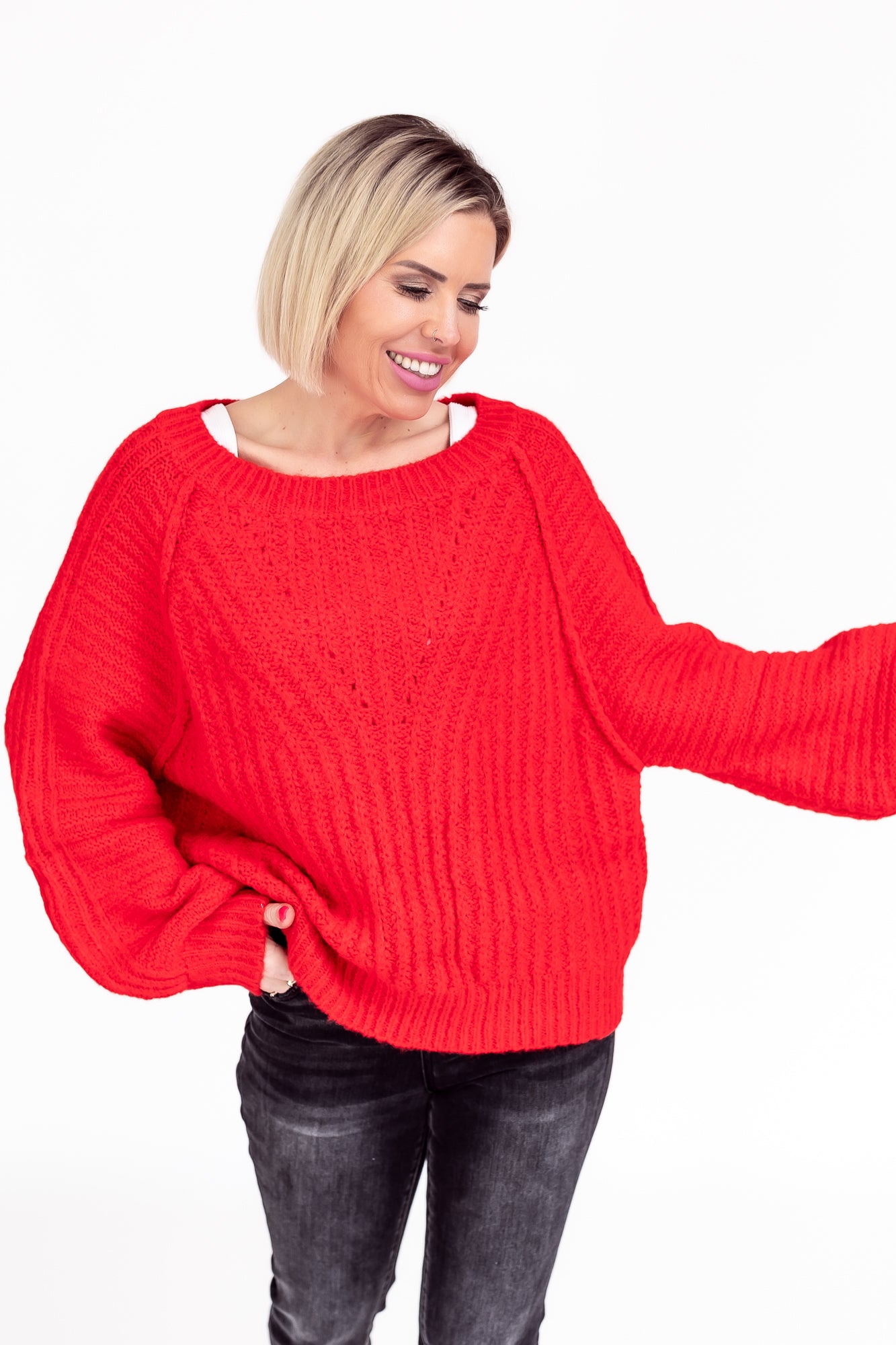 Lover Red Knit Textured Fuzzy Sweater -T113