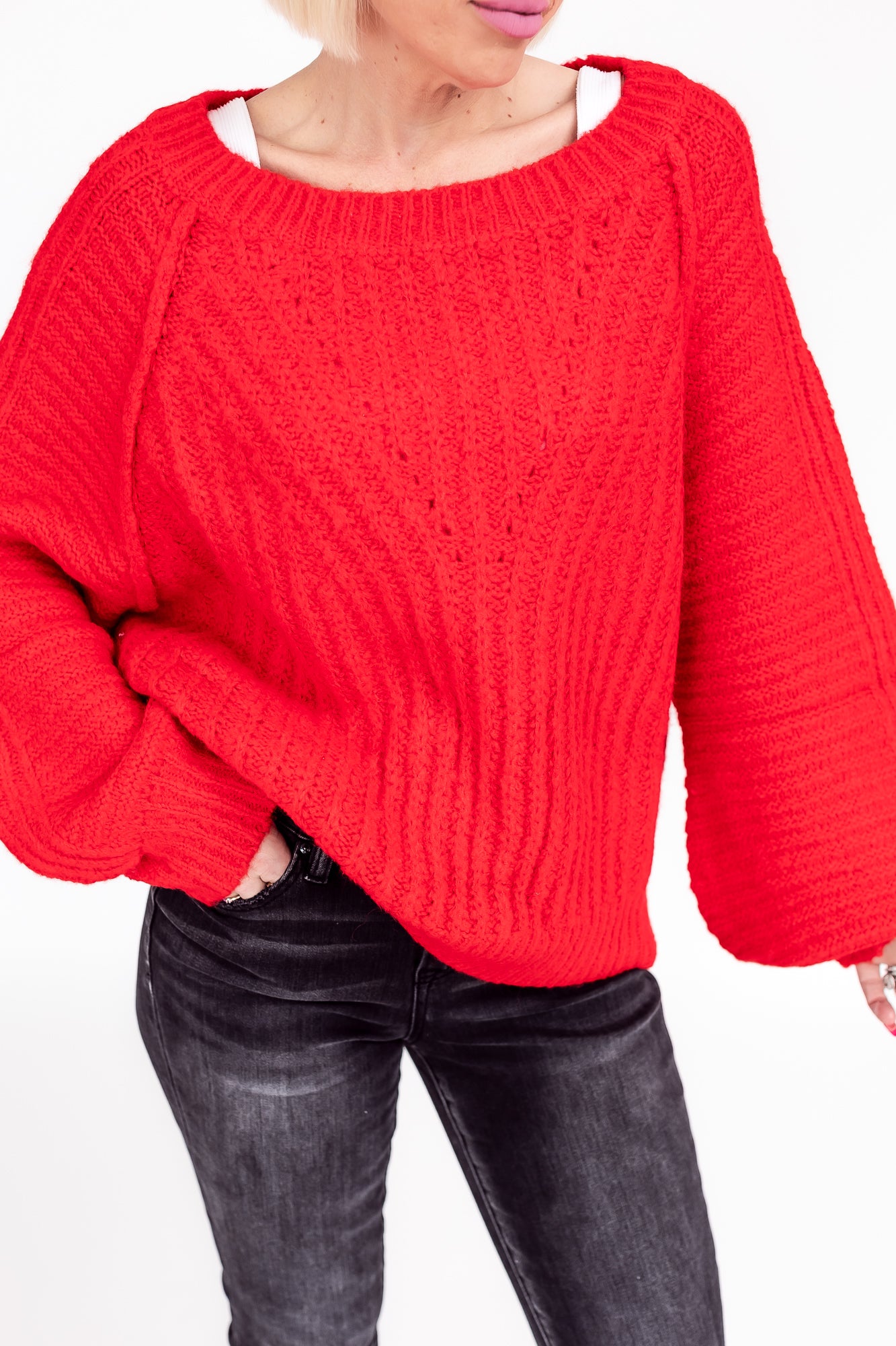 Lover Red Knit Textured Fuzzy Sweater -T113