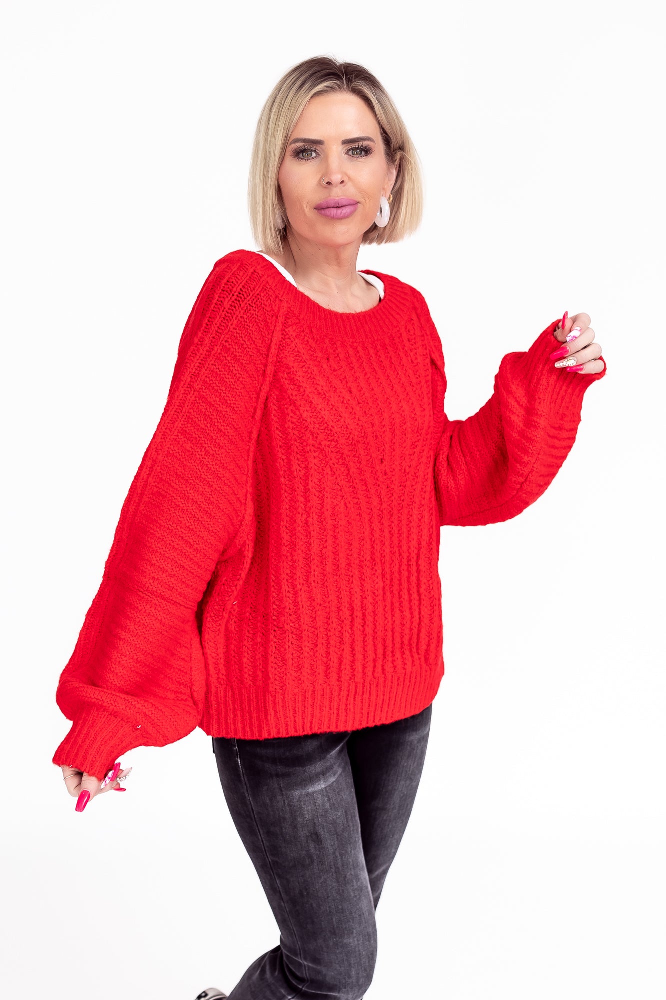 Lover Red Knit Textured Fuzzy Sweater -T113