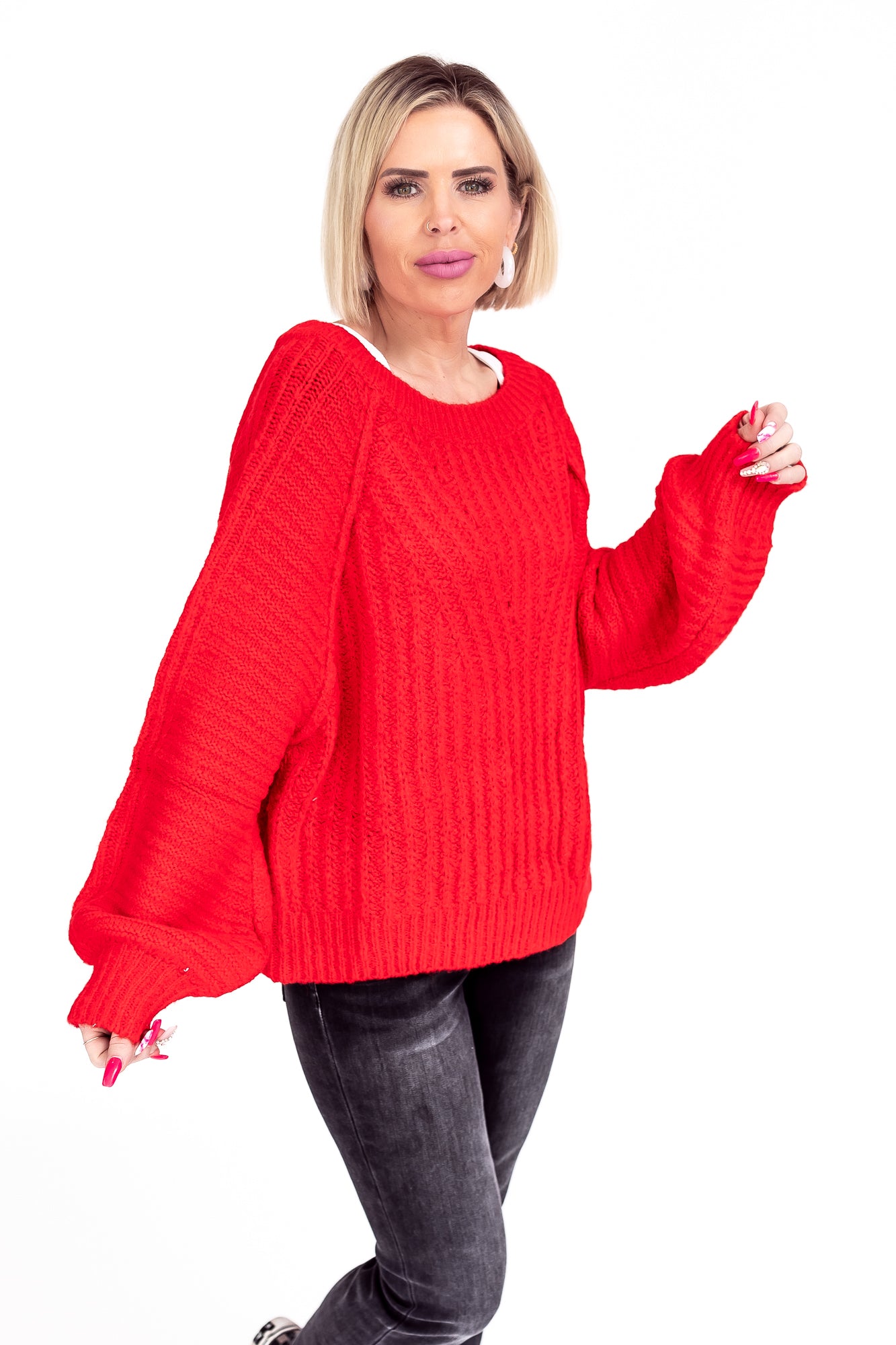 Lover Red Knit Textured Fuzzy Sweater -T113