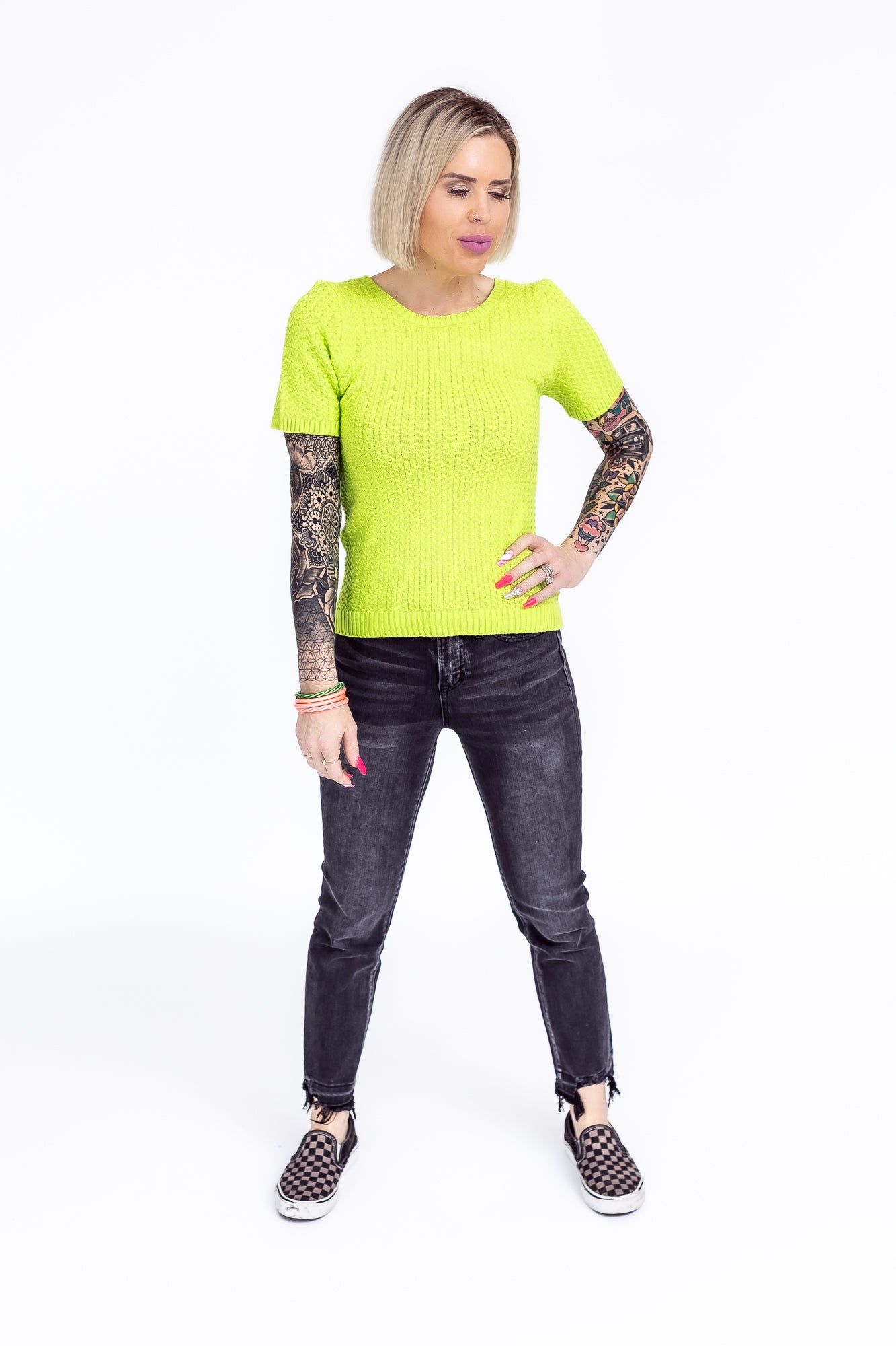 Hello World Apple Green Knit Open Back Short Sleeve Top- T56