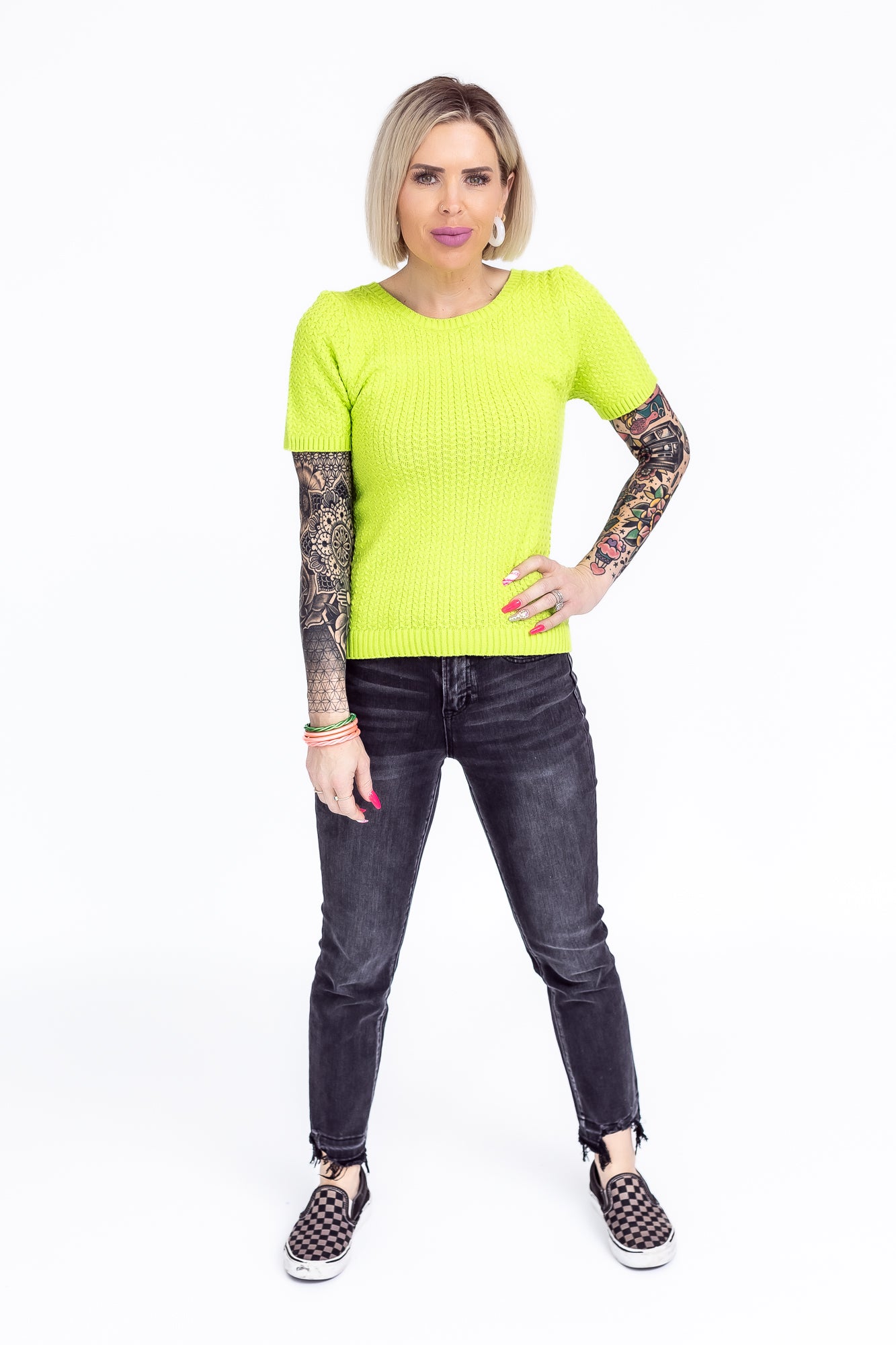 Hello World Apple Green Knit Open Back Short Sleeve Top- T56