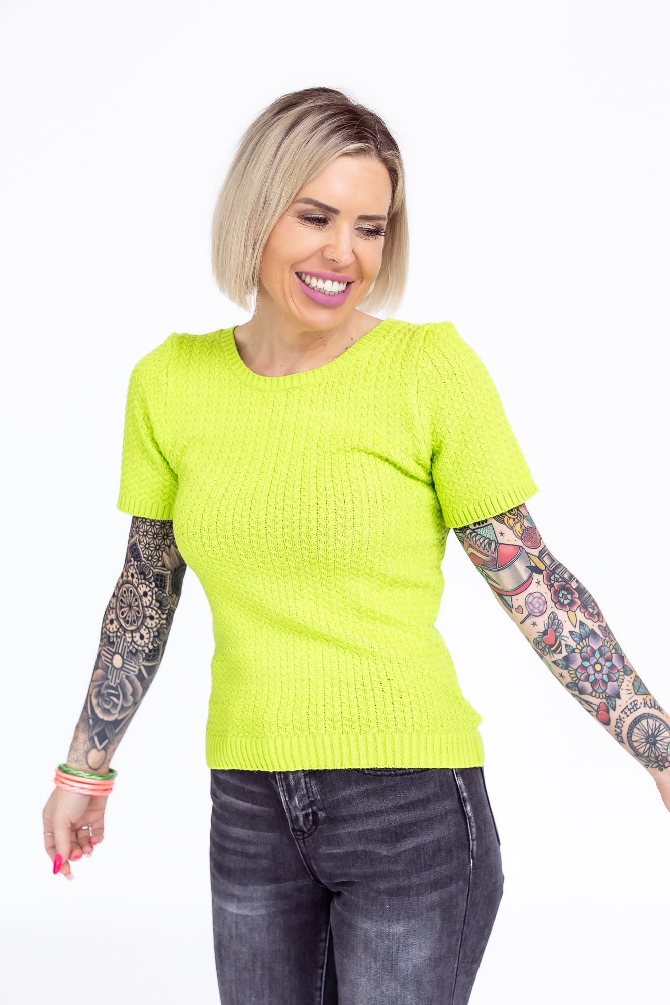 Hello World Apple Green Knit Open Back Short Sleeve Top- T56