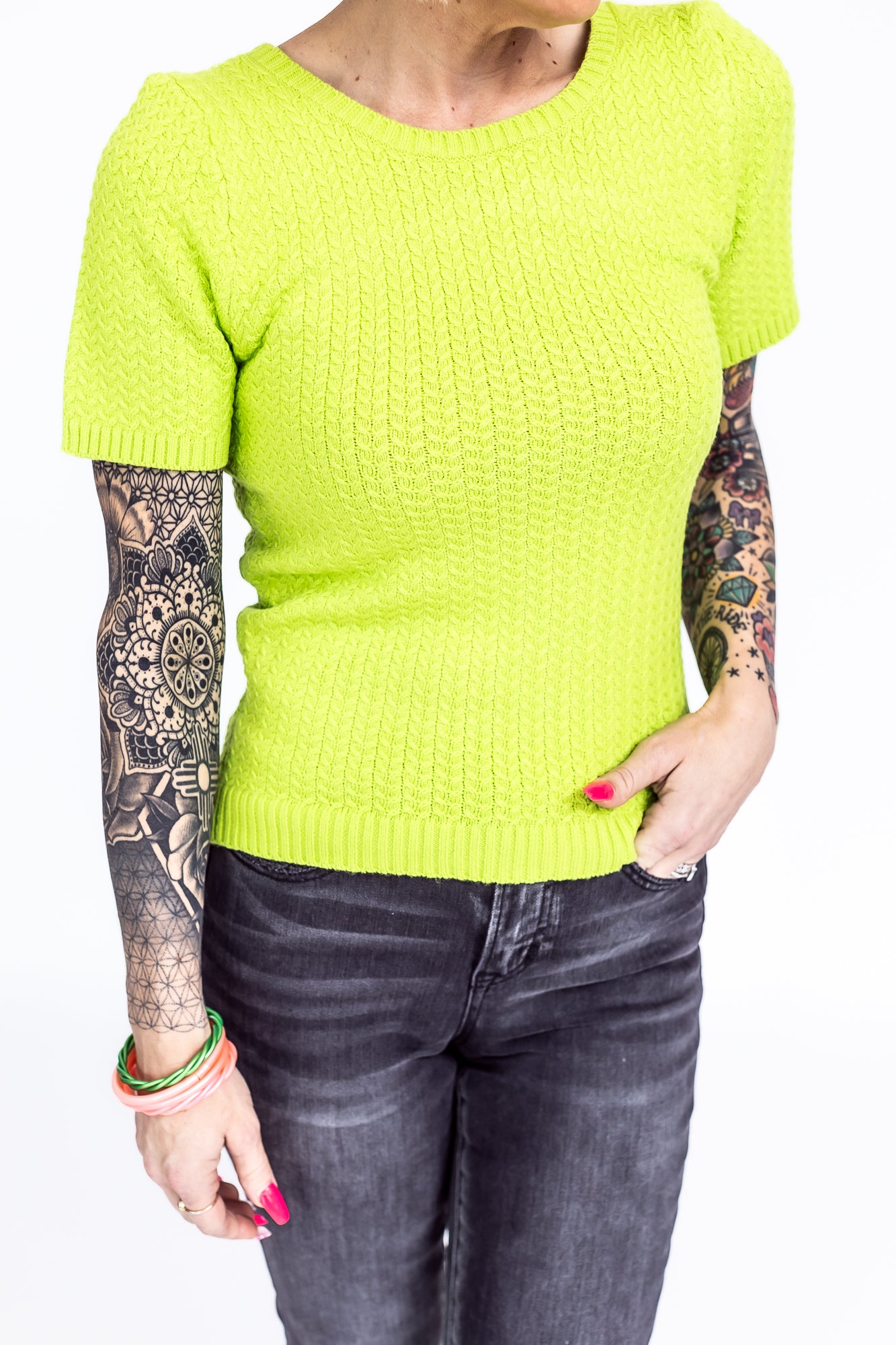 Hello World Apple Green Knit Open Back Short Sleeve Top- T56