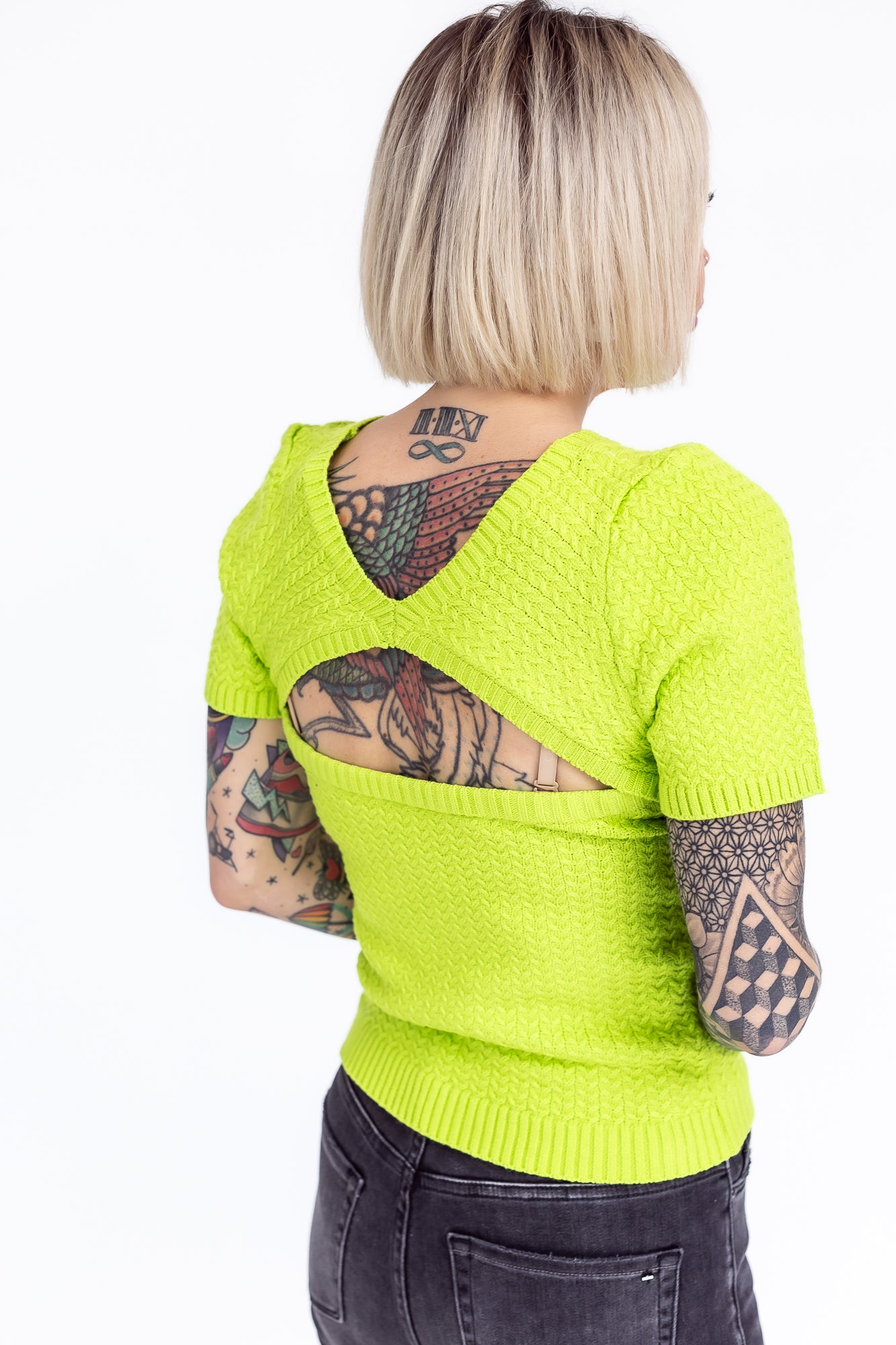 Hello World Apple Green Knit Open Back Short Sleeve Top- T56