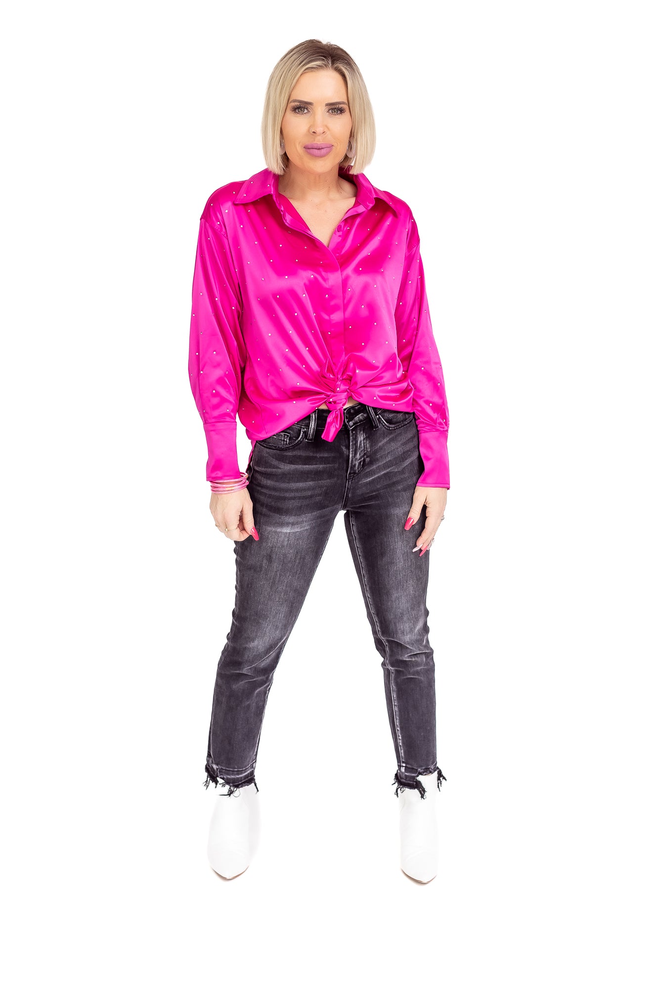 Bring The Bling Hot Pink Satin Rhinestone Button Up Blouse -T125