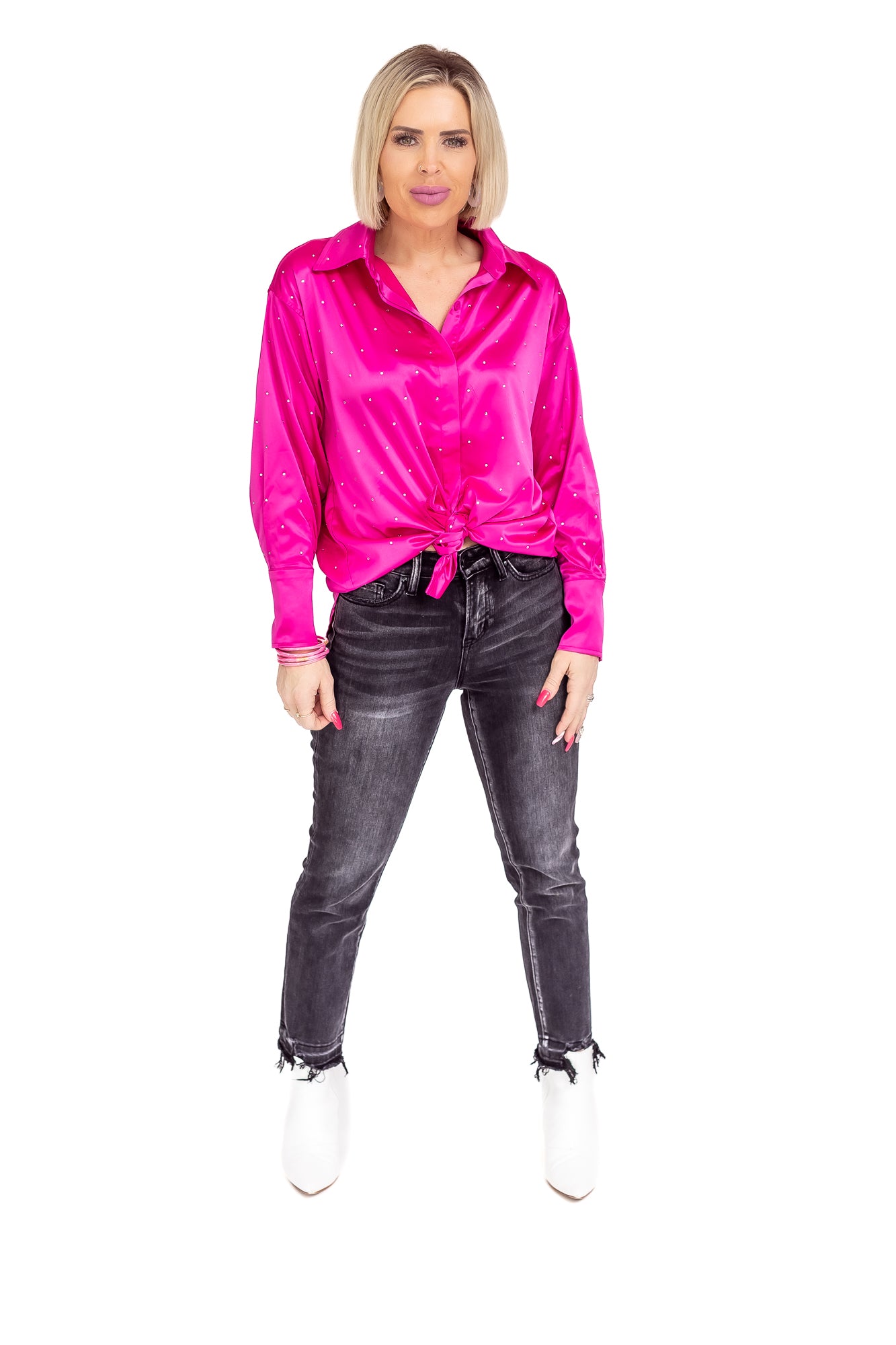 Bring The Bling Hot Pink Satin Rhinestone Button Up Blouse -T125