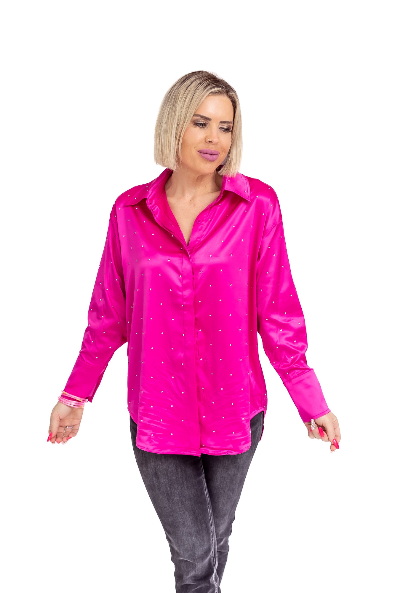 Bring The Bling Hot Pink Satin Rhinestone Button Up Blouse -T125