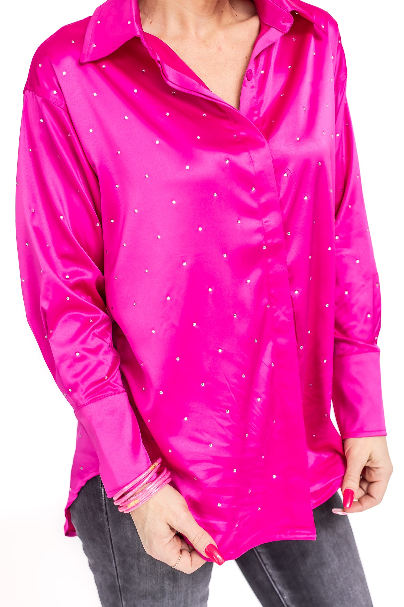 Bring The Bling Hot Pink Satin Rhinestone Button Up Blouse -T125