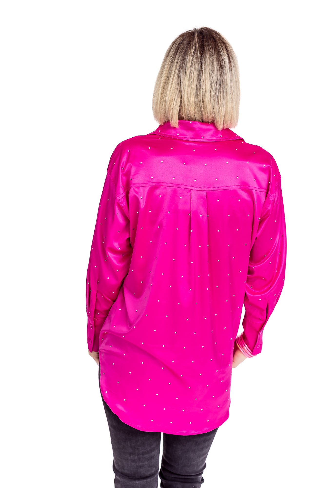 Bring The Bling Hot Pink Satin Rhinestone Button Up Blouse -T125