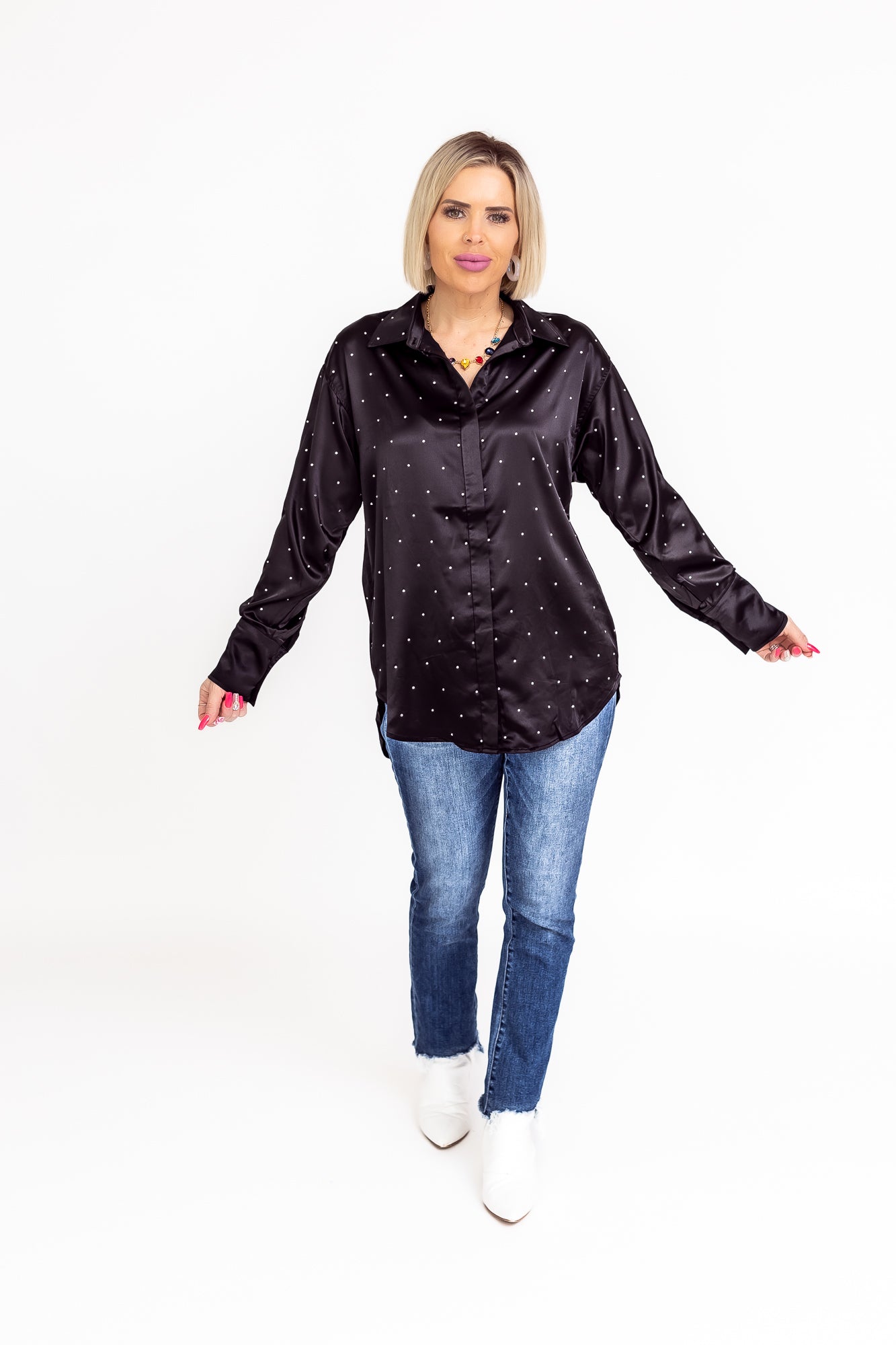 Bring The Bling Black Satin Rhinestone Button Up Blouse -T124