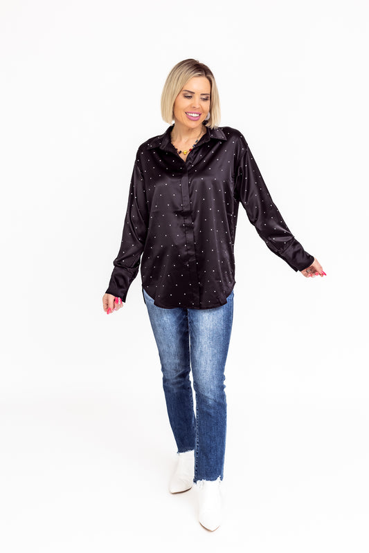 Bring The Bling Black Satin Rhinestone Button Up Blouse -T124