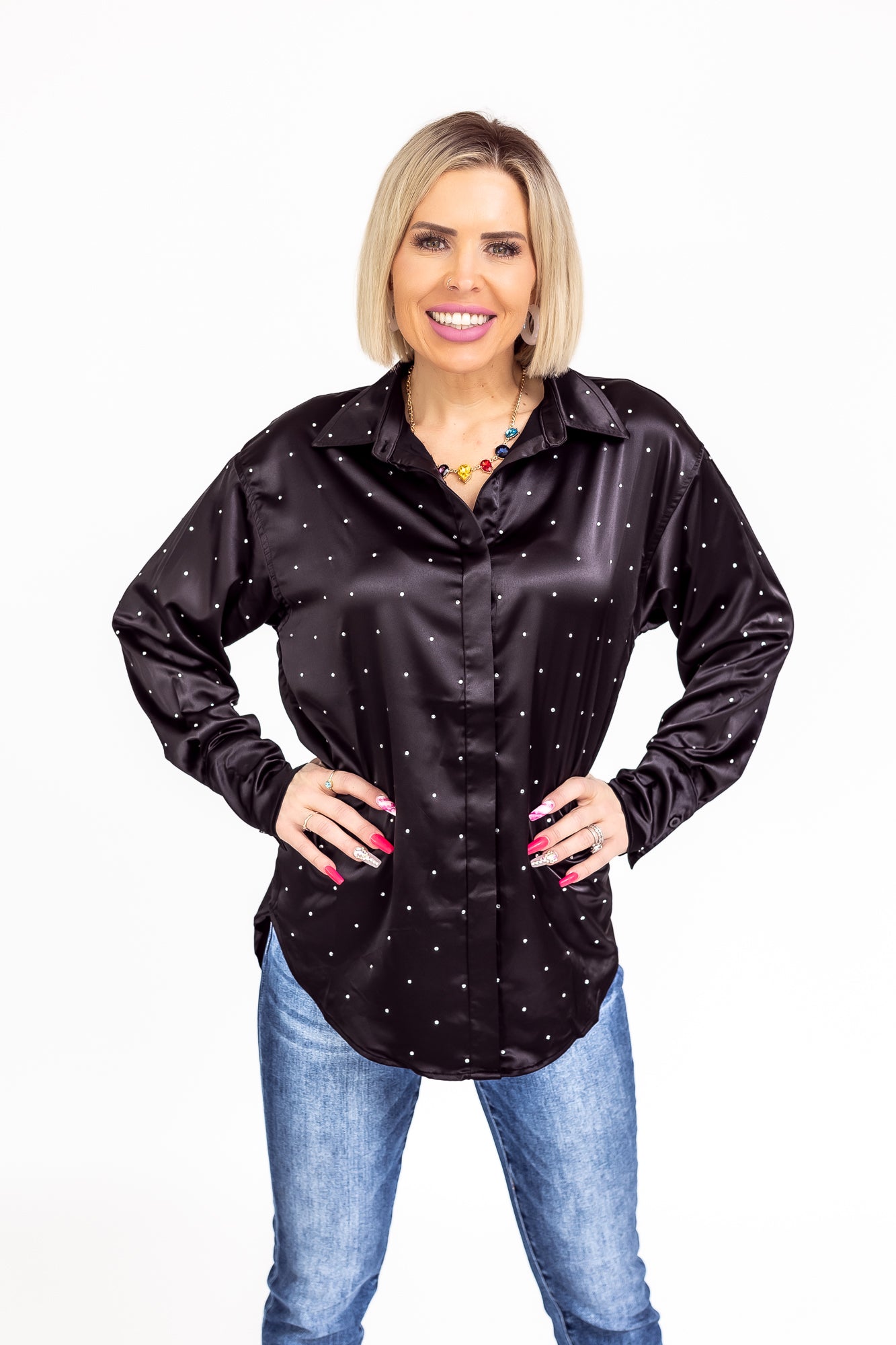 Bring The Bling Black Satin Rhinestone Button Up Blouse -T124