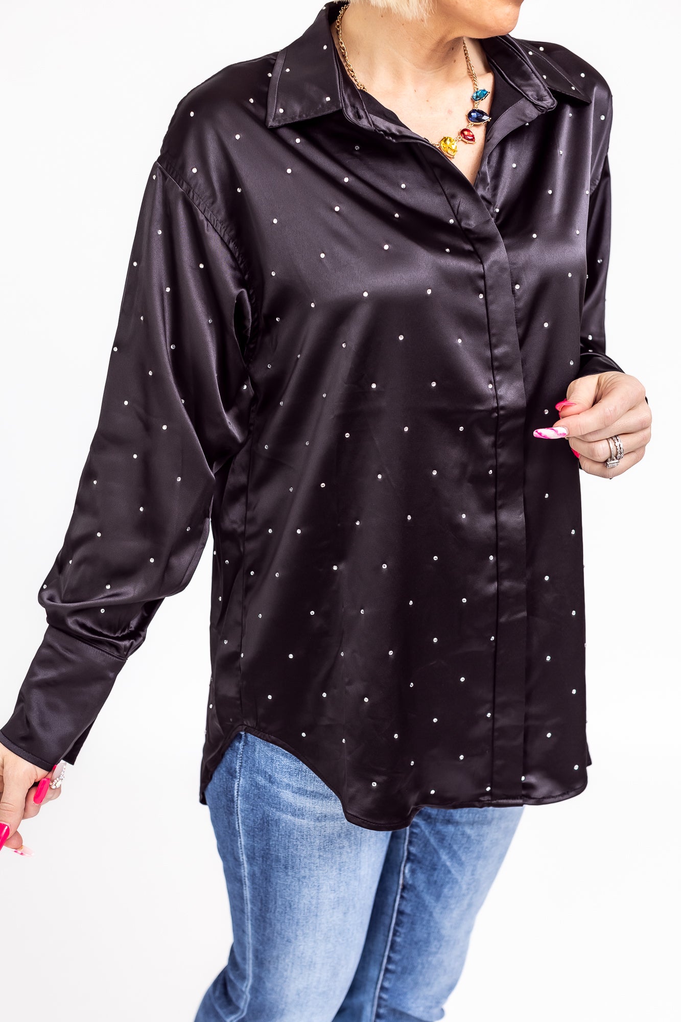 Bring The Bling Black Satin Rhinestone Button Up Blouse -T124