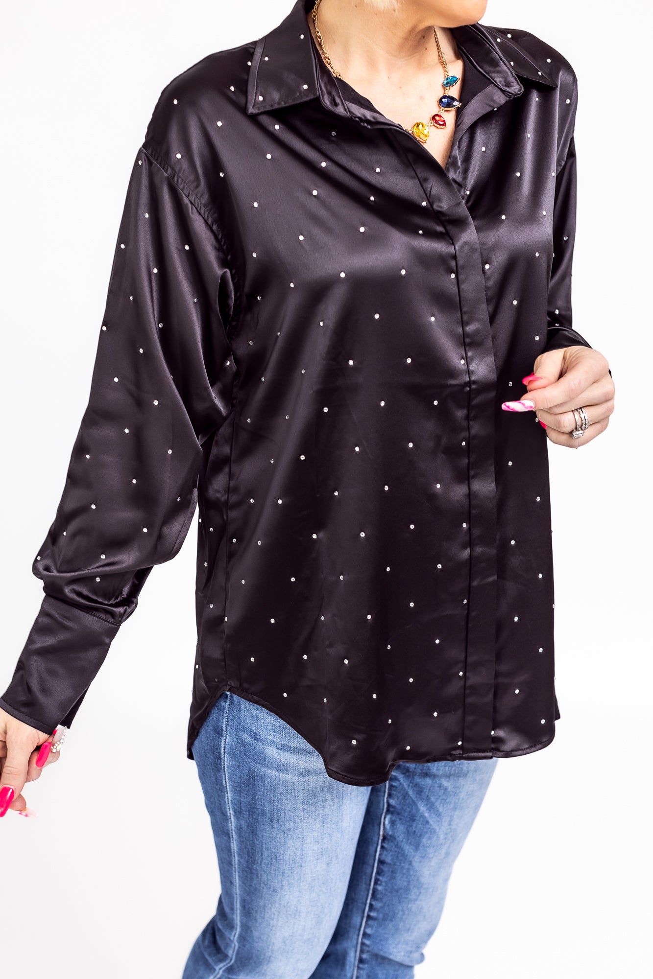 Bring The Bling Black Satin Rhinestone Button Up Blouse -T124