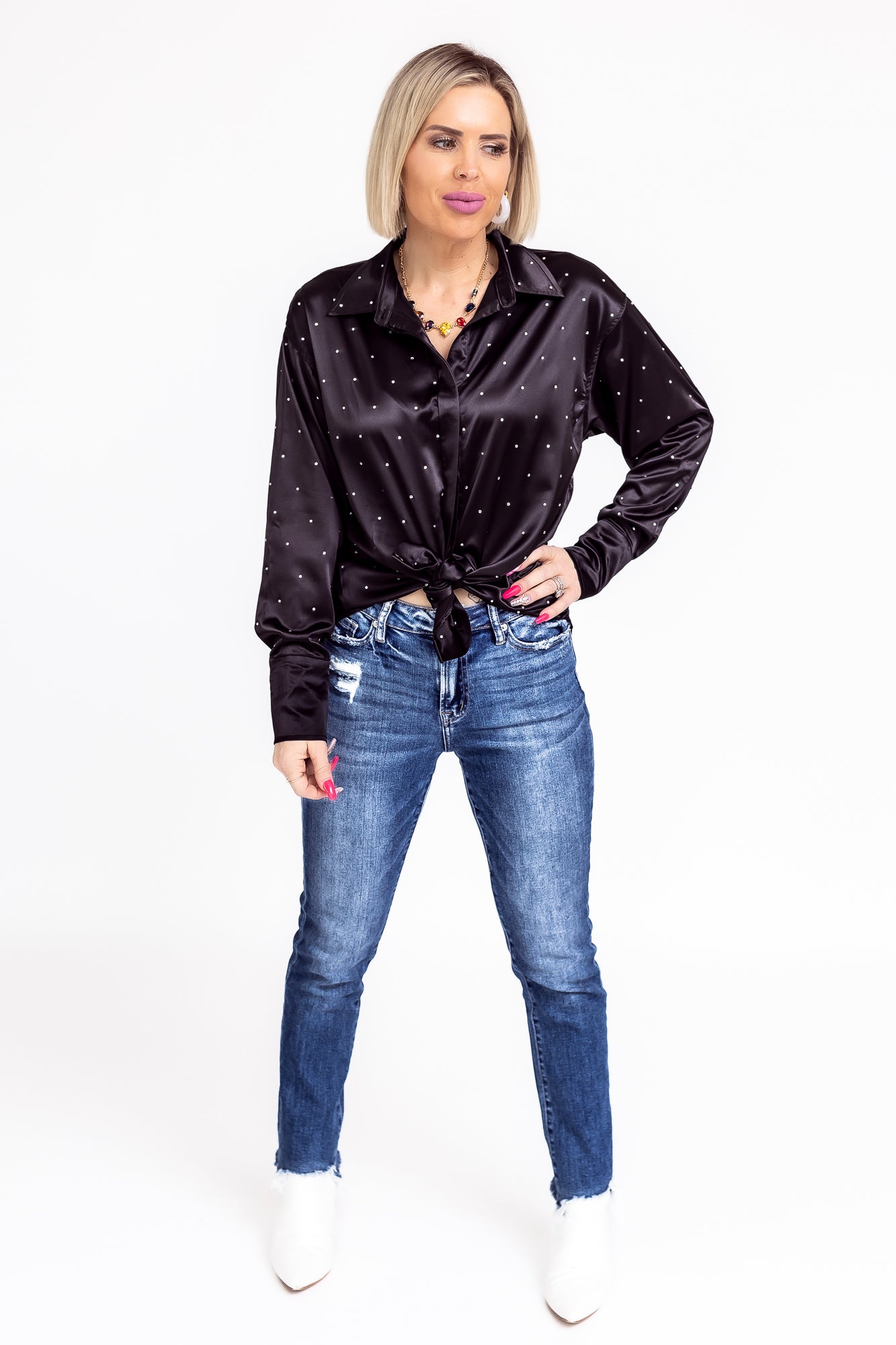 Bring The Bling Black Satin Rhinestone Button Up Blouse -T124