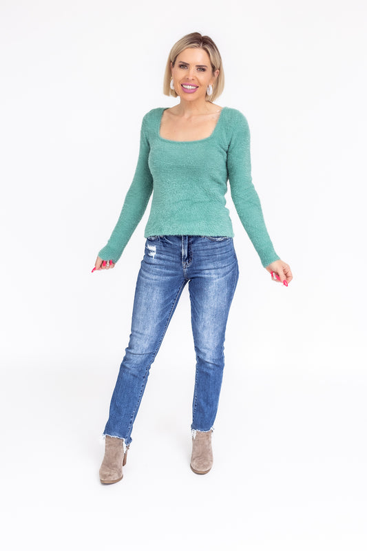 Show Stopper Kelly Green Crew Neck Fuzzy Sweater -T130