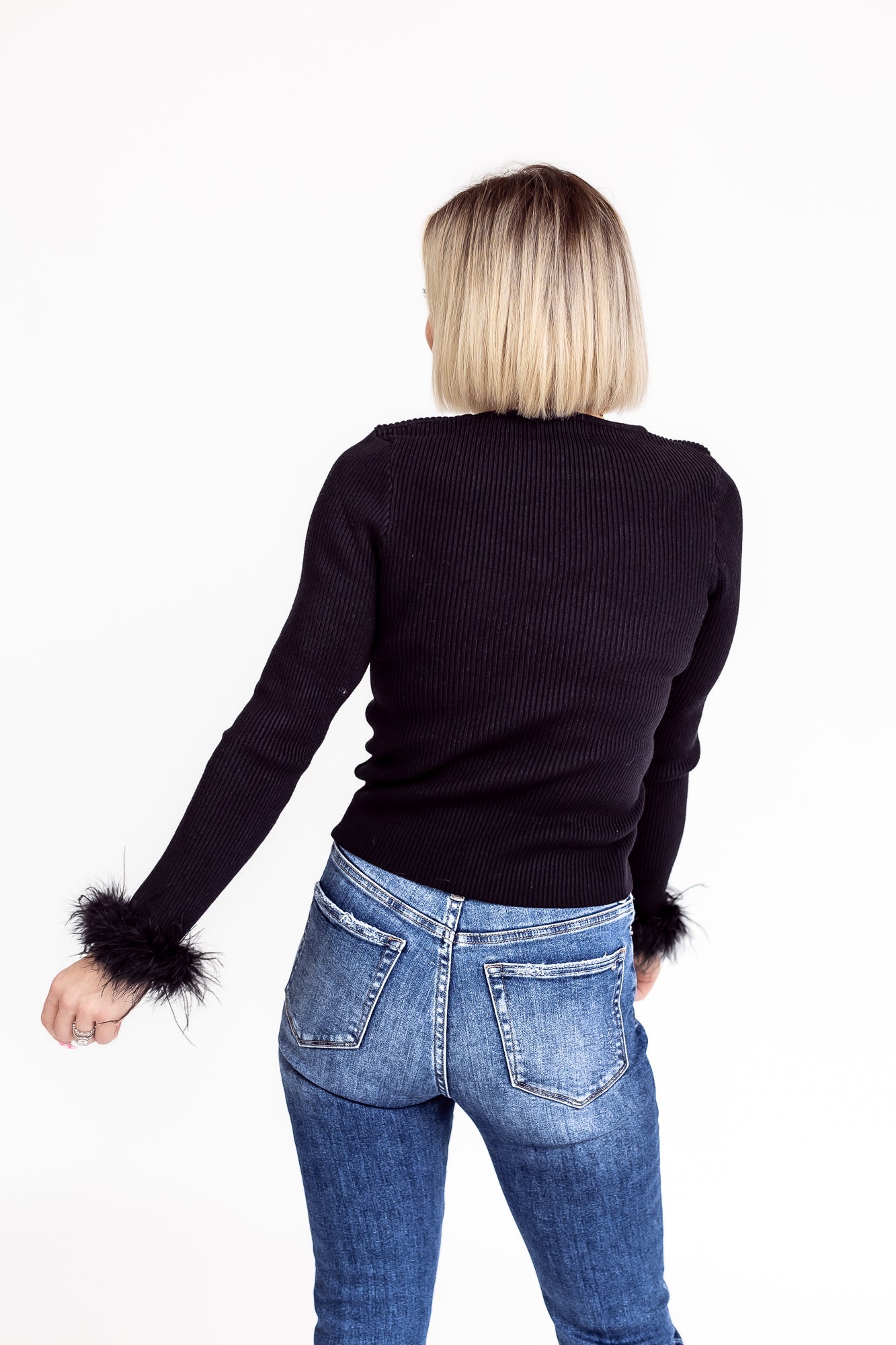 Fun & Flirty Black Ribbed Long Sleeve With Feather Cuffing - T128