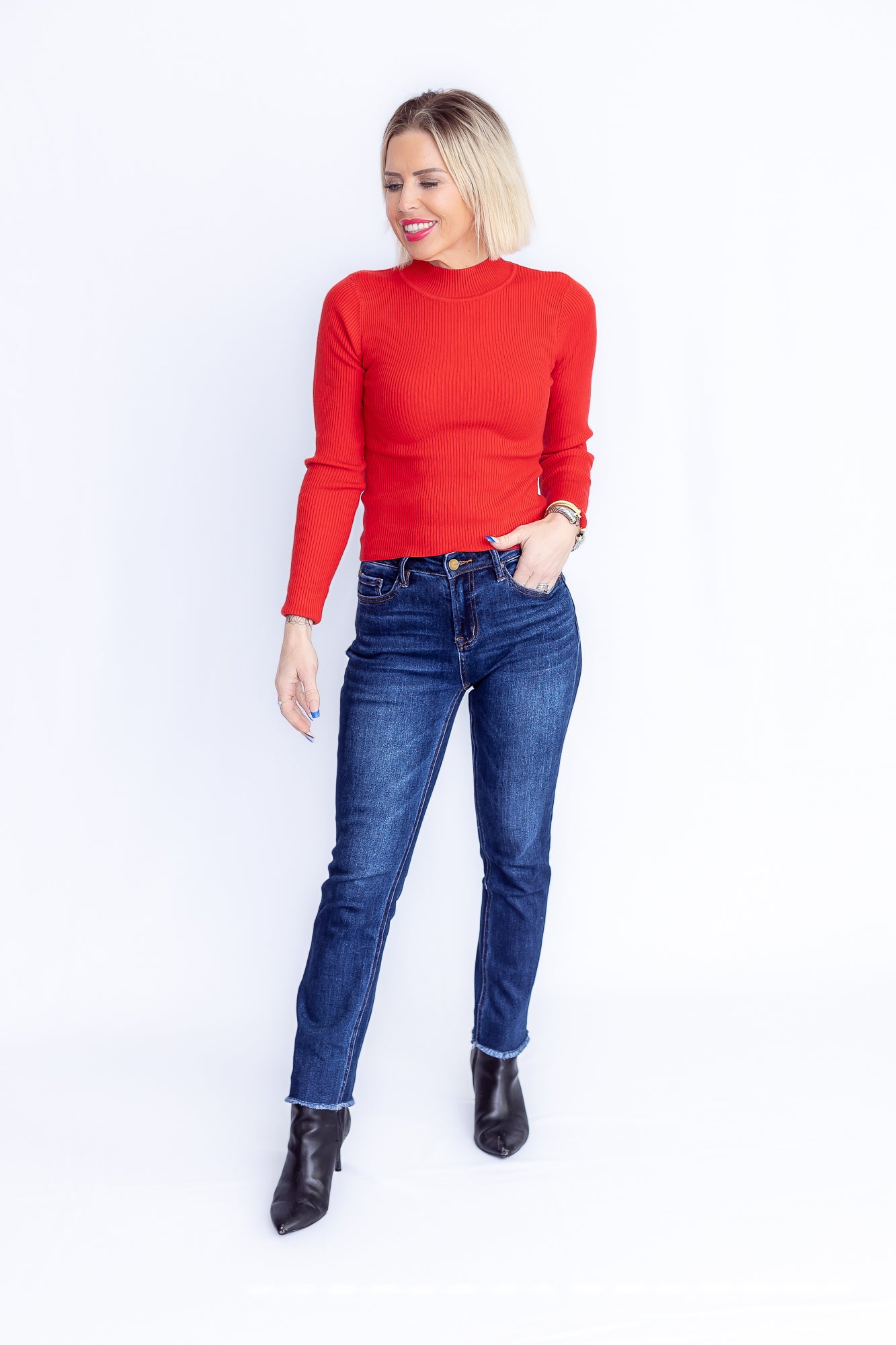 Class Act Red Mock Neck Ribbed long Sleeve -T158