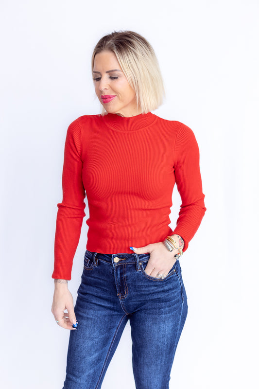 Class Act Red Mock Neck Ribbed long Sleeve -T158