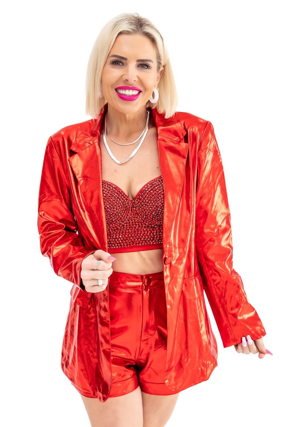 Meow Metallic Red Blazer Set - S12