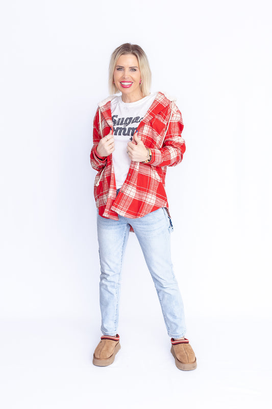 Fall Flannel Red and White Plaid Flannel Button Down- T160