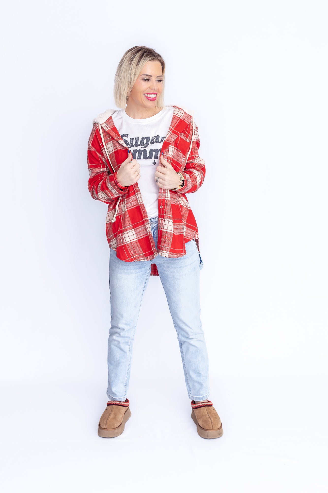 Fall Flannel Red and White Plaid Flannel Button Down- T160