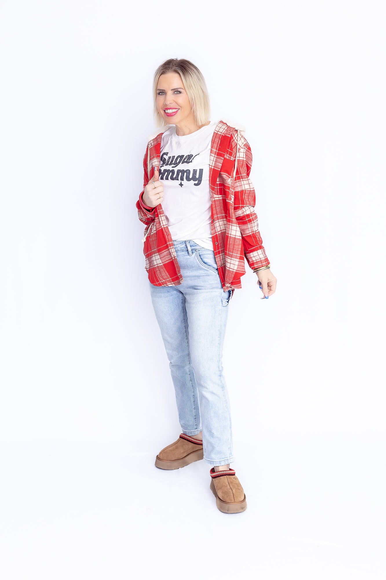 Fall Flannel Red and White Plaid Flannel Button Down- T160