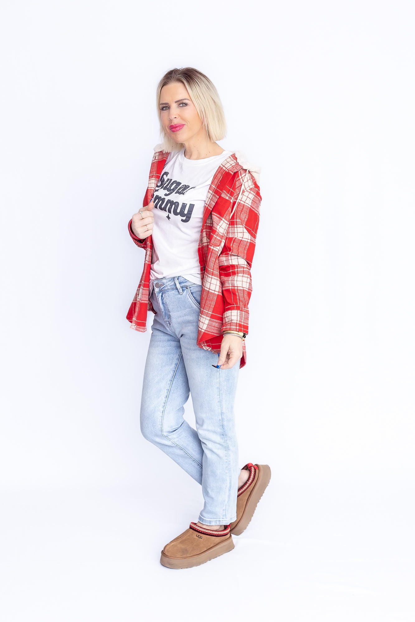 Fall Flannel Red and White Plaid Flannel Button Down- T160