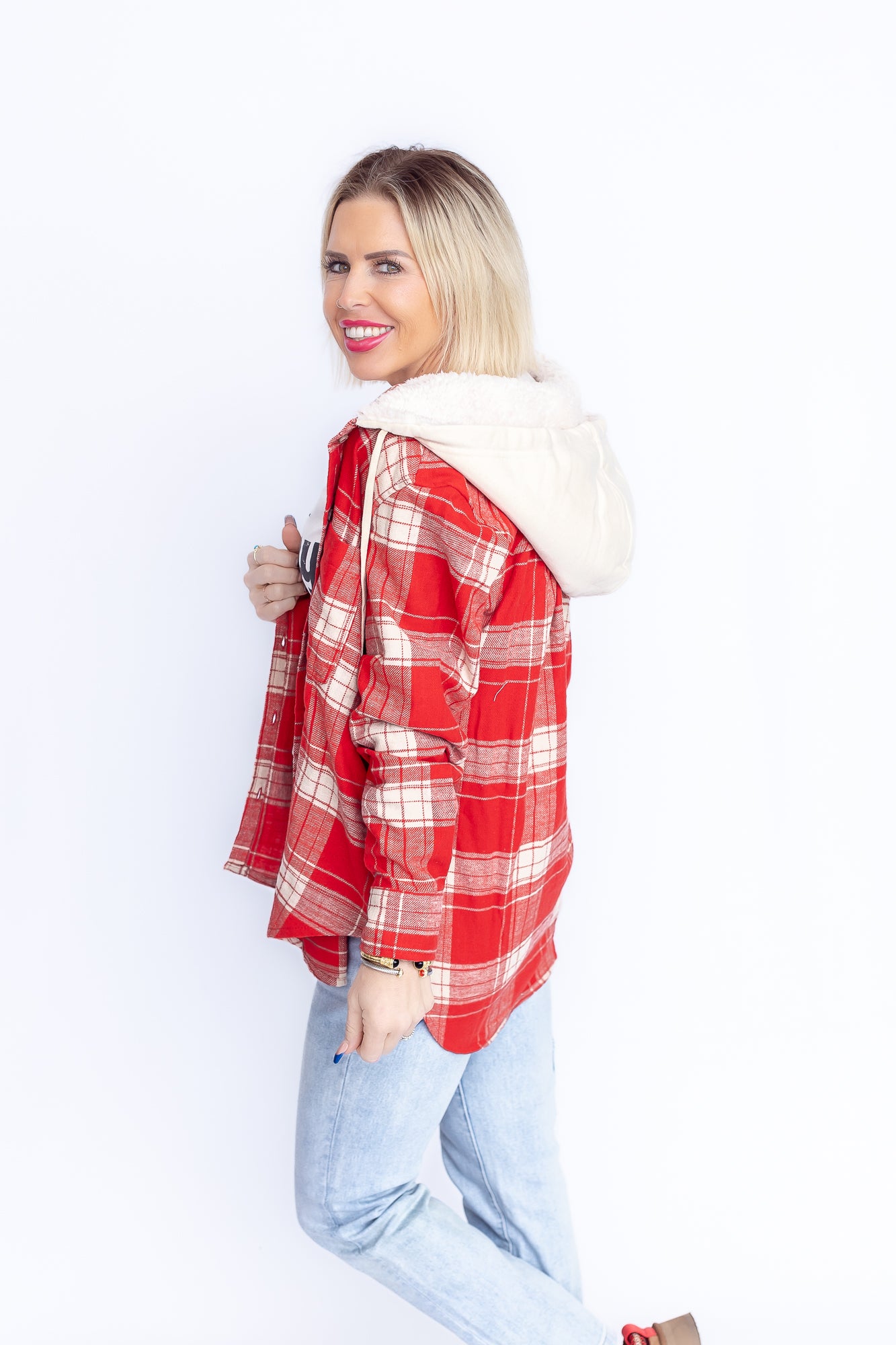 Fall Flannel Red and White Plaid Flannel Button Down- T160