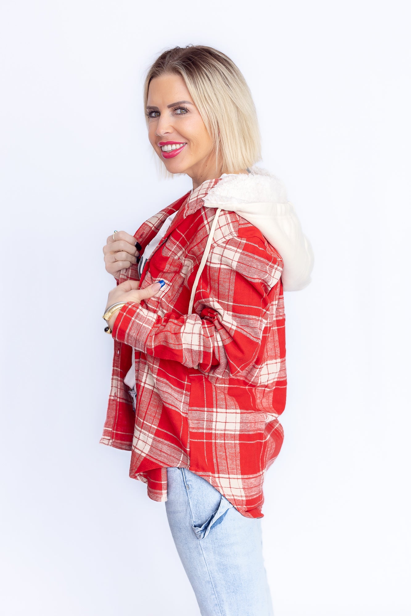 Fall Flannel Red and White Plaid Flannel Button Down- T160