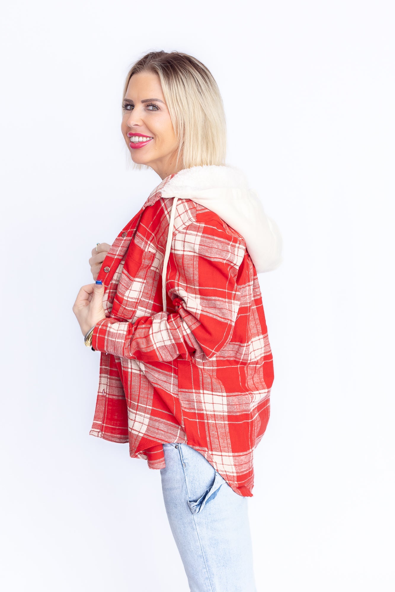 Fall Flannel Red and White Plaid Flannel Button Down- T160