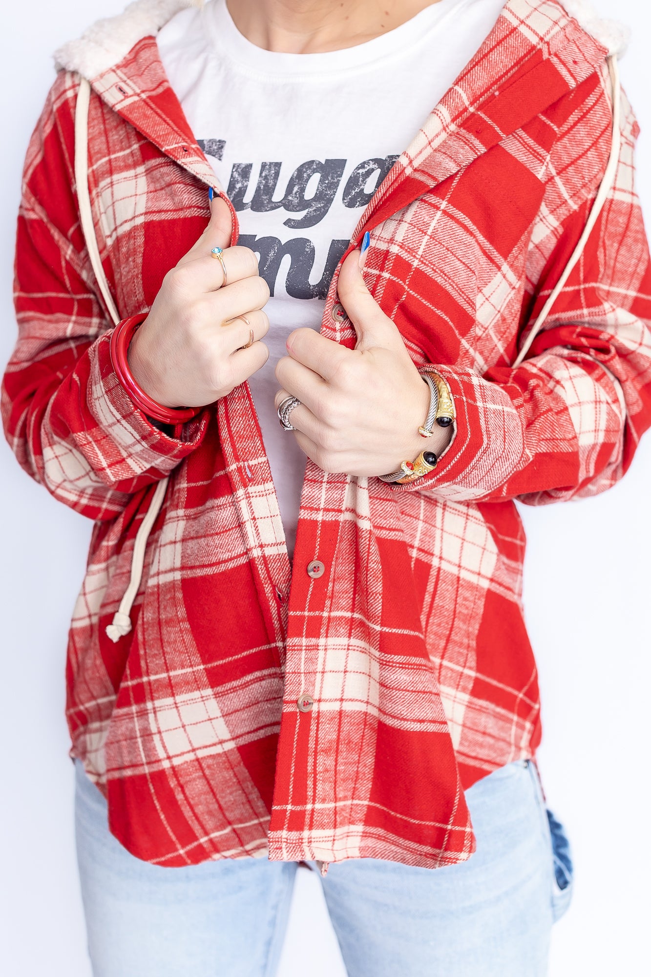 Fall Flannel Red and White Plaid Flannel Button Down- T160