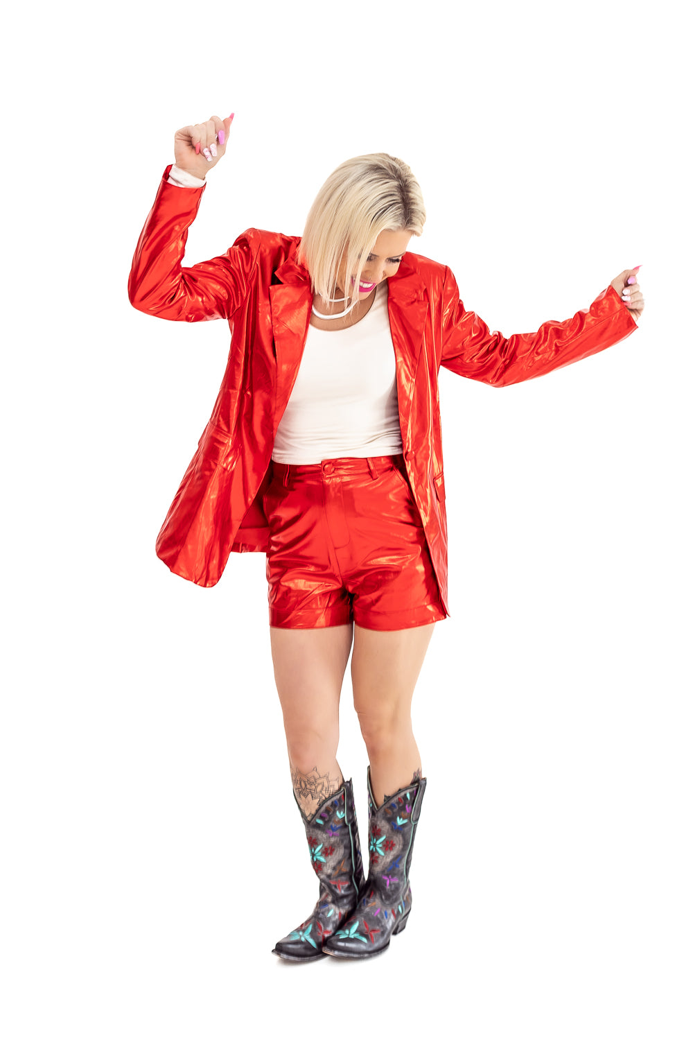 Meow Metallic Red Blazer Set - S12