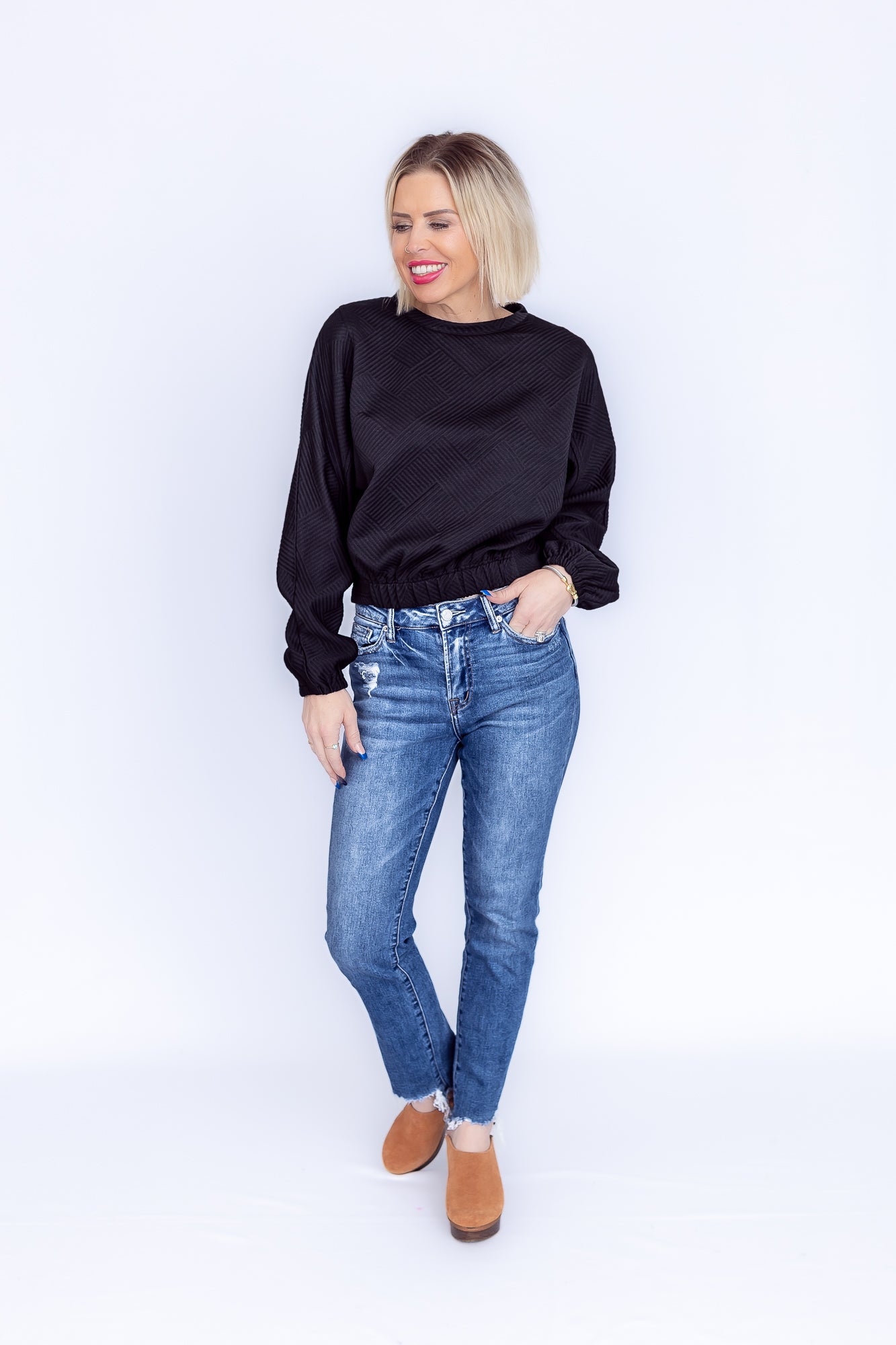 Cozy Chic Black Textured Top- T179