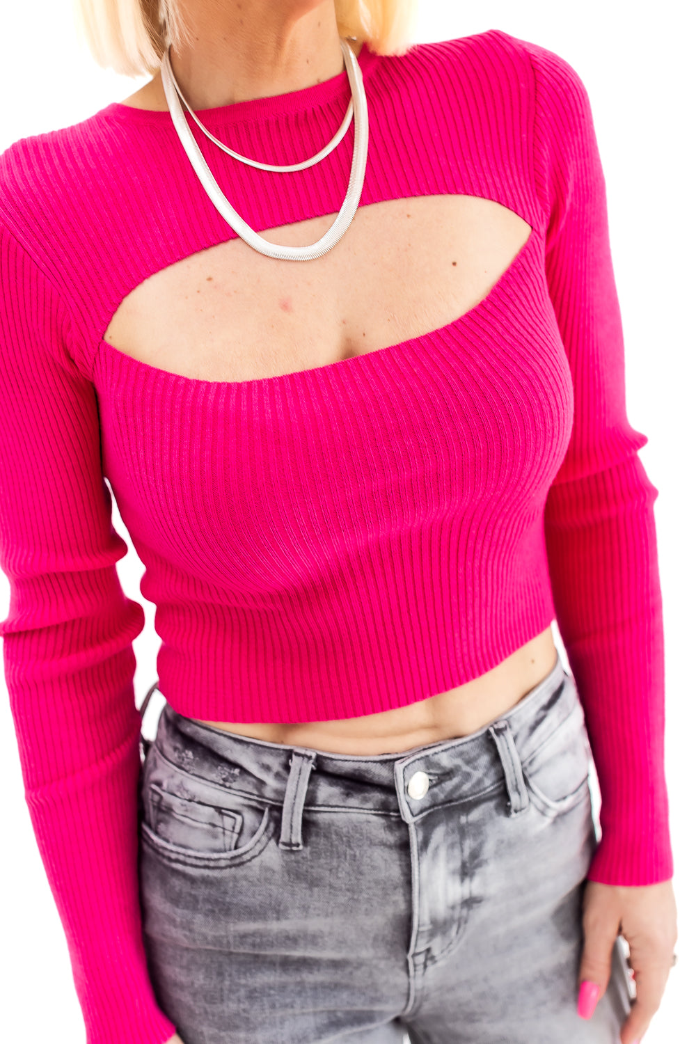 Call Me Fuchsia Ribbed Cutout Sweater -T46