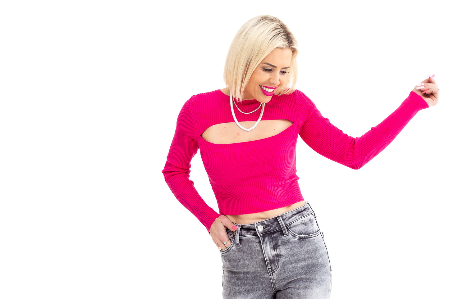 Call Me Fuchsia Ribbed Cutout Sweater -T46