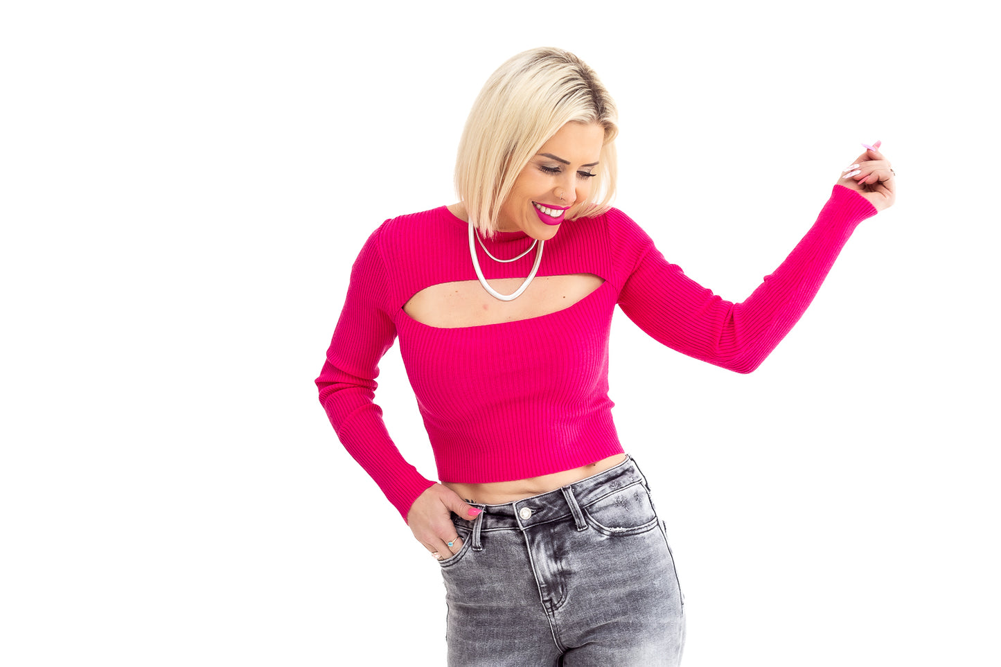 Call Me Fuchsia Ribbed Cutout Sweater -T46