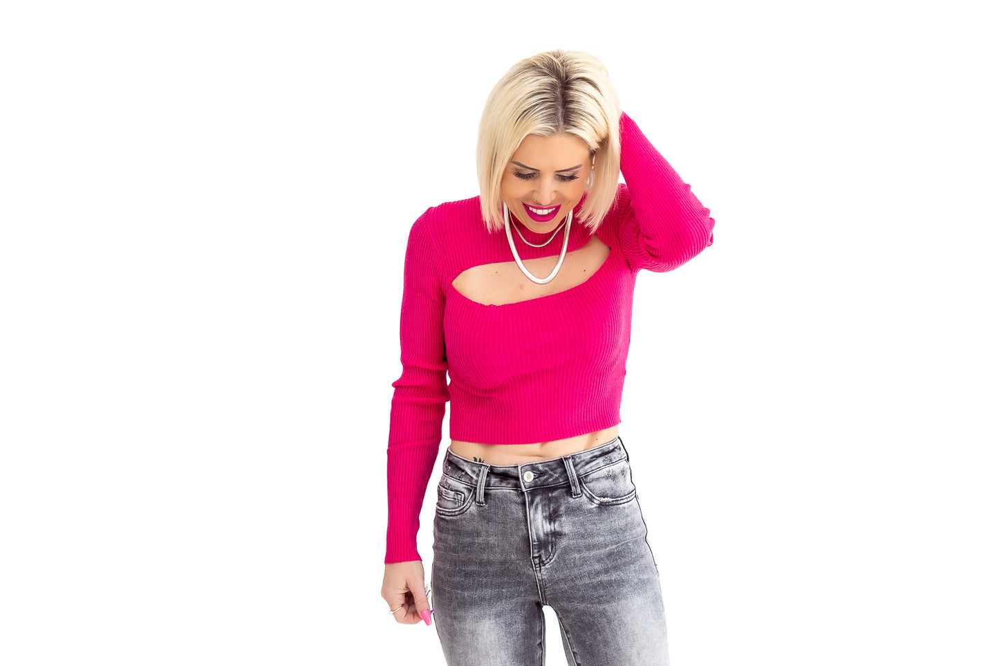 Call Me Fuchsia Ribbed Cutout Sweater -T46