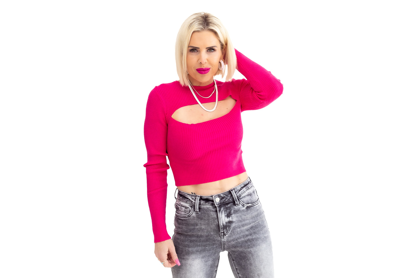 Call Me Fuchsia Ribbed Cutout Sweater -T46