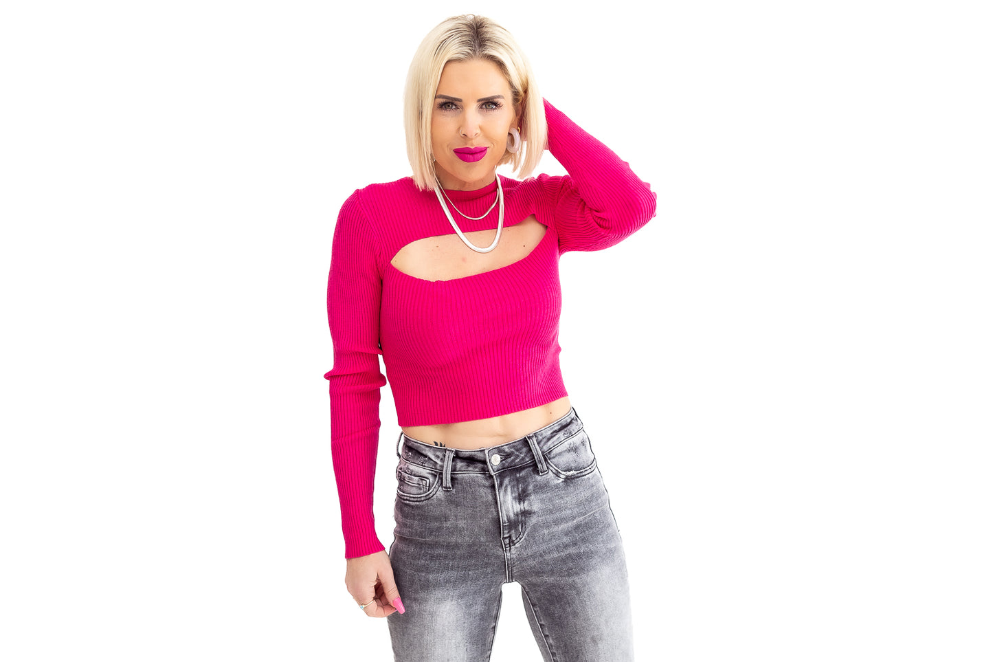 Call Me Fuchsia Ribbed Cutout Sweater -T46