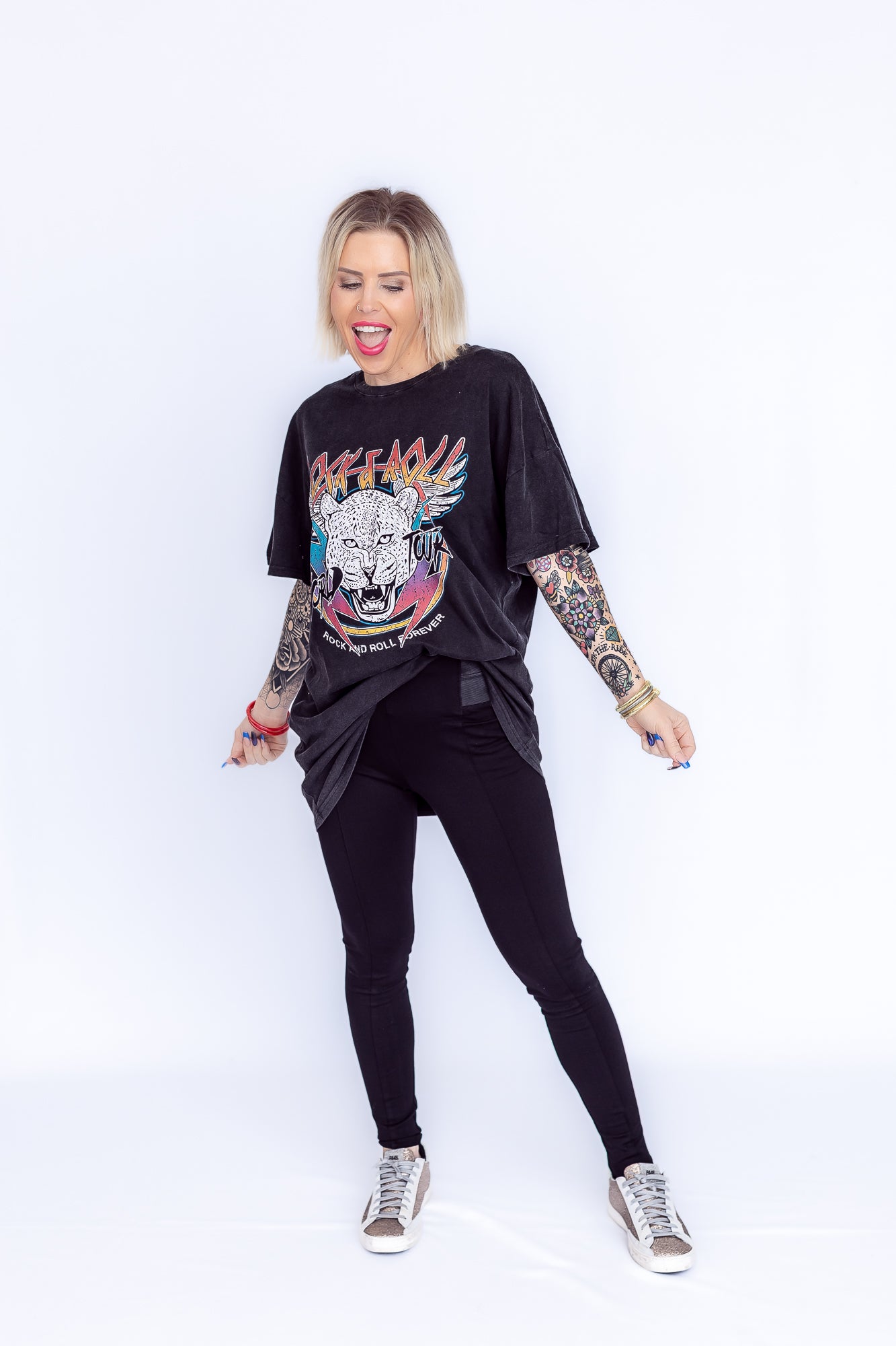 Rock And Roll Forever Oversized Long Graphic Tee- T165