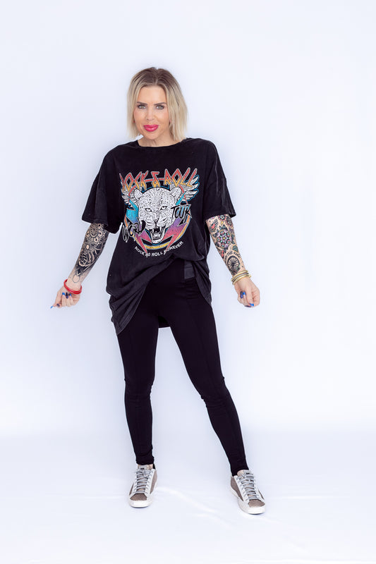 Rock And Roll Forever Oversized Long Graphic Tee- T165