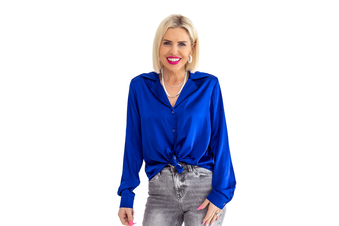 Silky Satin Royal Blue Button Down -T58