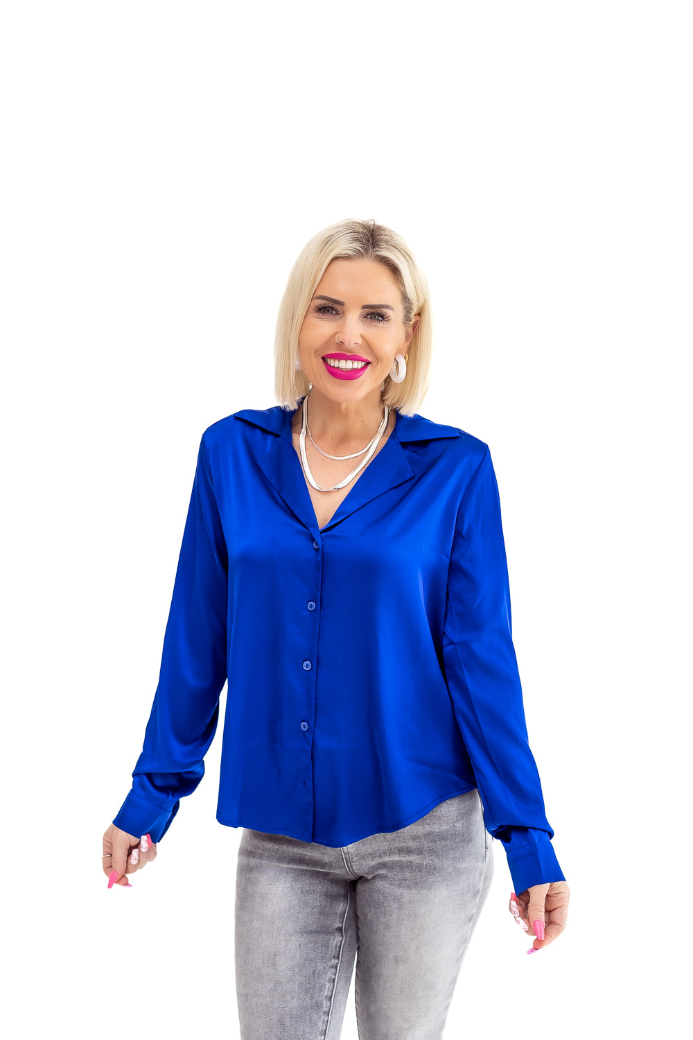 Silky Satin Royal Blue Button Down -T58