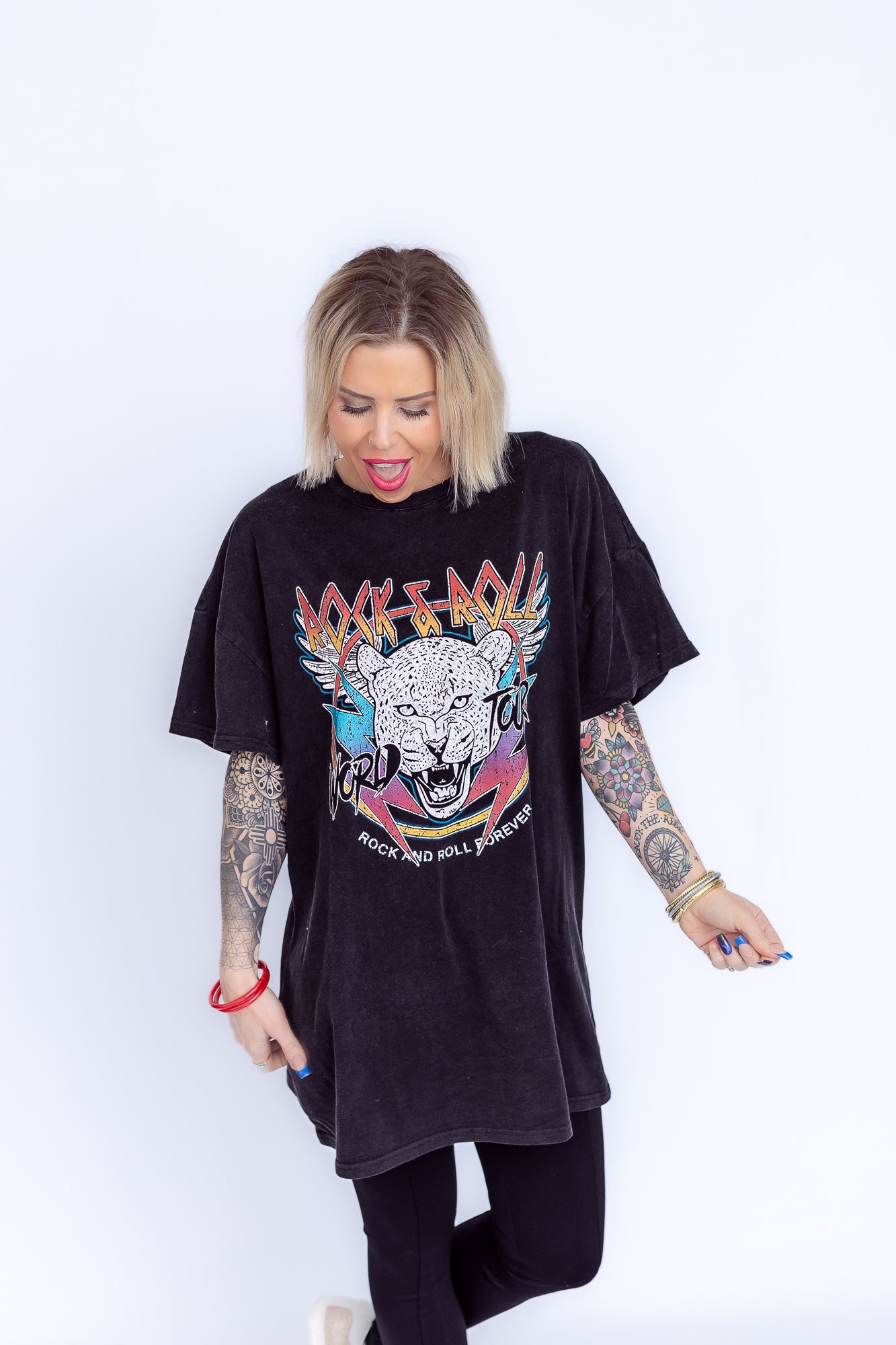 Rock And Roll Forever Oversized Long Graphic Tee- T165