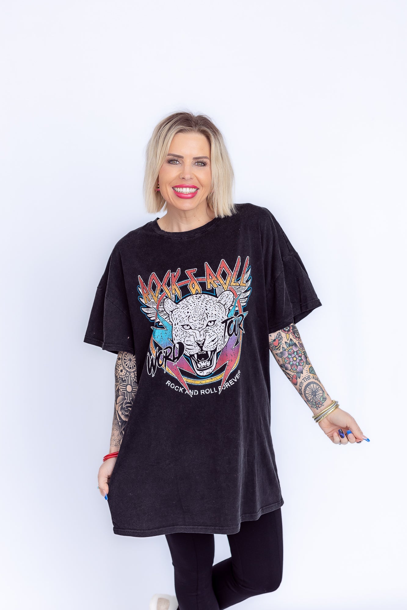 Rock And Roll Forever Oversized Long Graphic Tee- T165