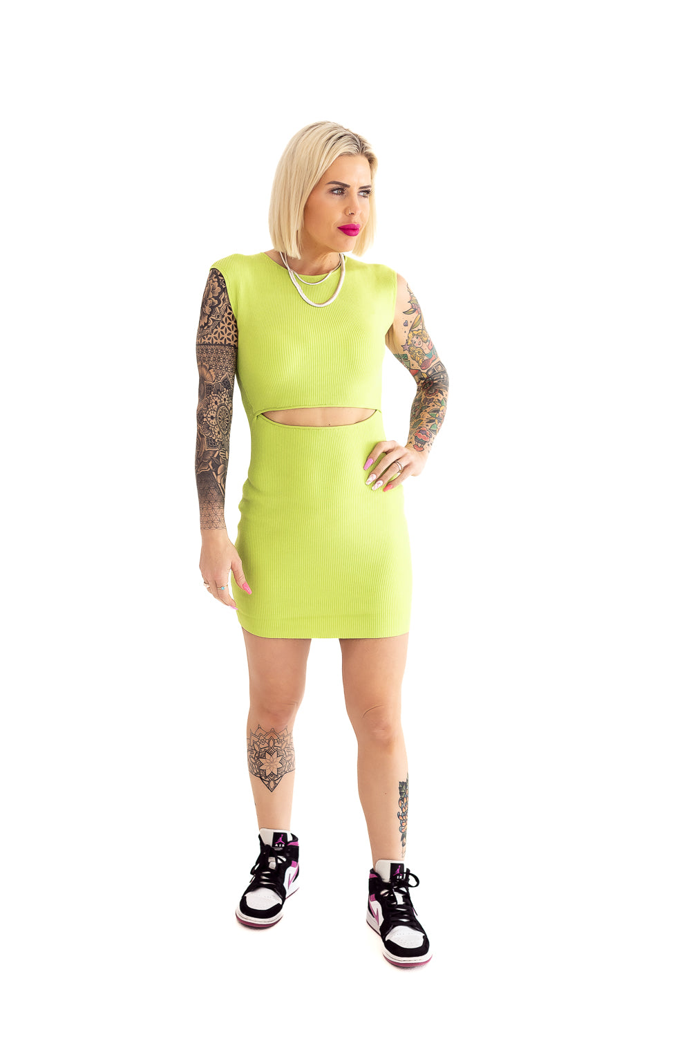 Cut Him Off Lime Green Ribbed Dress - D08