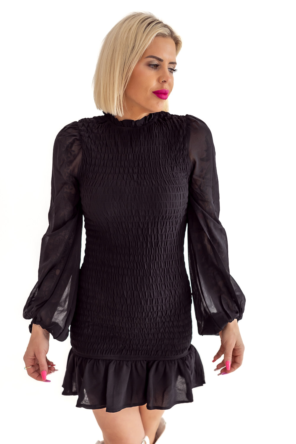 Adore Me Black Elastic Ruching Dress with Sheer Sleeves- D06